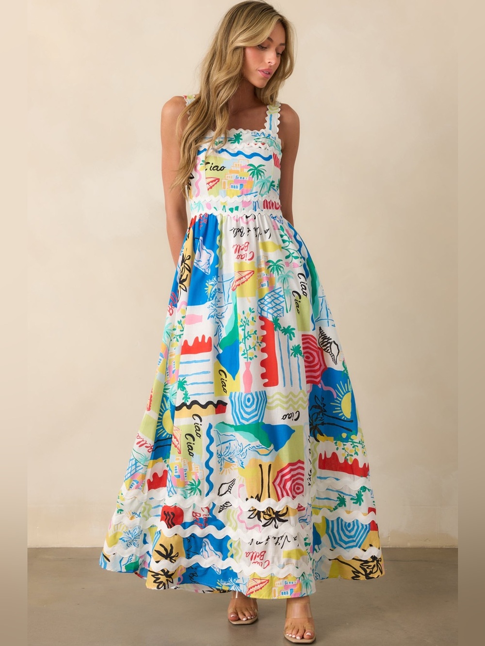 Prosperina Florence Bright Multi-Color Tropical Print Maxi Dress Linen Size M